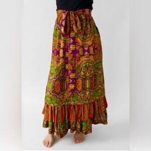Vintage 70s Paisley Tiered Maxi Skirt w/Bow Belt | Electric Red, Purple & More